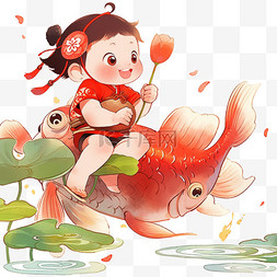 新年年画卡通可爱孩子鲤鱼手绘元