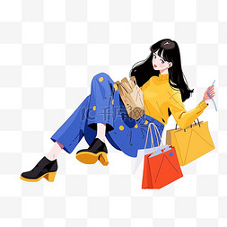 黄色电商背景图片_电商年货节手绘购物女孩卡通元素