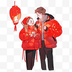 挂着灯笼的街边图片_新年情侣赏灯免抠元素手绘