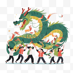 扁平风新年素材图片_新年假日快乐青绿色传统舞龙舞狮