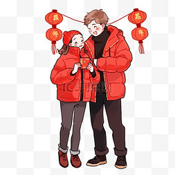 挂着灯笼的街边图片_情侣赏灯新年手绘免抠元素