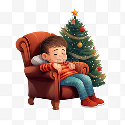 睡着的狼图片_男孩在圣诞树附近的椅子上睡着了