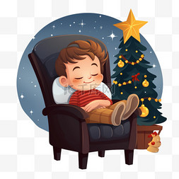 男孩在圣诞树附近的椅子上睡着了