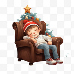 男孩在圣诞树附近的椅子上睡着了