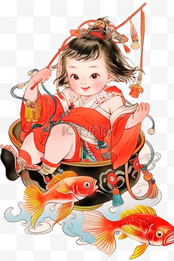 中国线性图片_新年线性手绘年画可爱孩子元素