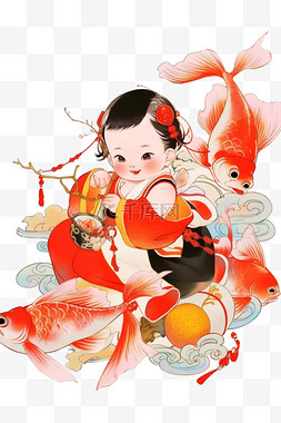 中国线性图片_新年年画可爱孩子手绘线性元素