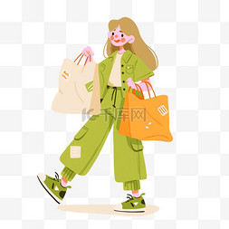 绿色购物节图片_年货节购物卡通女孩礼物手绘元素