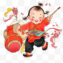 中国线性图片_可爱孩子打鼓卡通手绘迎新年元素