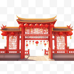 红色建筑免抠图片_新年元素红色大门建筑免抠