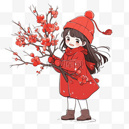 白色梅花梅花图片_新年可爱女孩手绘元素拿着梅花卡