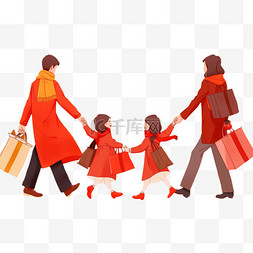 一家人去购物图片_手绘新年一家人购物拜年卡通元素