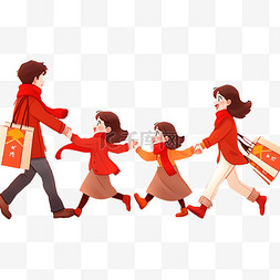 一家人去购物图片_新年卡通手绘一家人购物拜年卡通
