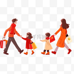 一家人去购物图片_新年手绘一家人购物拜年卡通元素