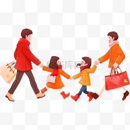 一家人去购物图片_卡通手绘新年一家人购物拜年元素
