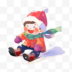 深蓝色纯色背景图片_滑雪男孩卡通手绘元素冬天