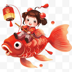 红色手绘的鲤鱼图片_新年灯笼鲤鱼女孩卡通手绘元素