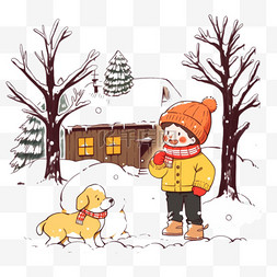 戴帽子卡通小狗图片_冬天可爱孩子卡通堆雪人玩耍手绘