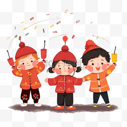 红色鞭炮图片_新年烟花庆祝可爱孩子手绘元素卡