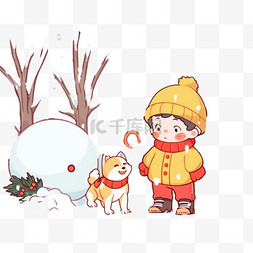 堆雪人下雪插画图片_可爱孩子堆雪人玩耍卡通手绘元素