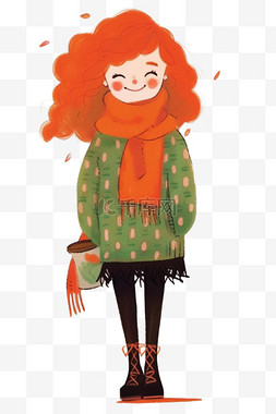 橘黄色背景元素图片_时尚女孩卡通冬天手绘元素