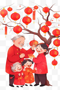 简约喜庆背景图片_手绘新年元素看望父母团聚卡通