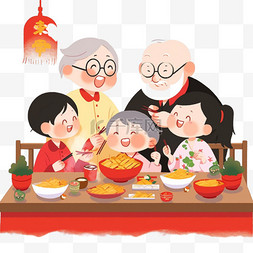卡通家人吃饭图片_新年卡通家人团圆吃饭手绘元素