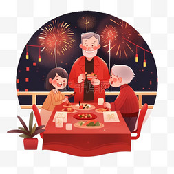 红色天空图片_家人团圆新年年夜饭卡通手绘元素
