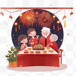 红色天空图片_新年家人团圆卡通手绘元素年夜饭