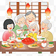 家人团圆吃饭卡通手绘元素新年