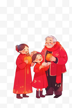 新年红色喜庆背景图片_手绘新年看望父母团聚卡通元素