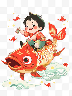 红鲤鱼图片_新年喜庆卡通可爱的小孩子和红鲤