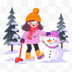 背景粉色简约图片_雪地里可爱孩子堆雪人卡通手绘元