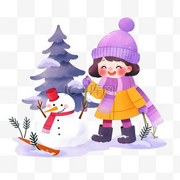 雪松树图片_雪地里可爱孩子手绘堆雪人卡通元