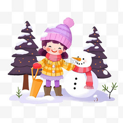 雪松树图片_卡通雪地里可爱孩子堆雪人手绘元