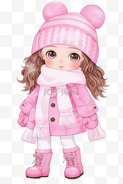 冬天可爱女孩粉色卡通手绘简约元
