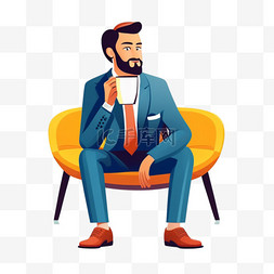 卡通商务男性坐在办公室喝茶元素