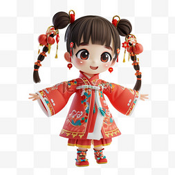 娃娃小女孩图片_3D新年穿着红色喜庆服装小女孩6素