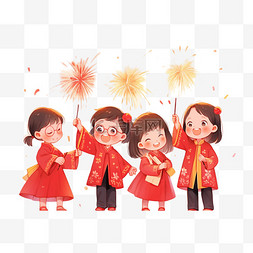 红色烟花喜庆背景图片_新年可爱孩子燃放烟花卡通手绘元