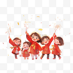 新年红色喜庆背景图片_可爱孩子新年卡通燃放烟花手绘元