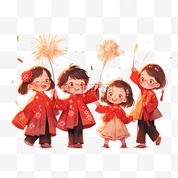 新年红色喜庆背景图片_可爱孩子卡通新年燃放烟花手绘元