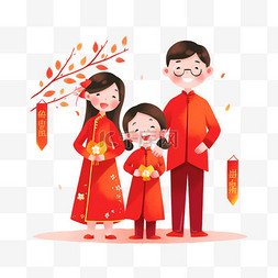春节背景图片_卡通新年一家人祝福拜年手绘元素