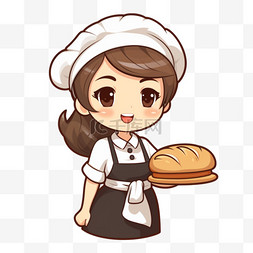 背景手绘卡通厨房图片_快乐可爱的女孩厨师制服拿着面包