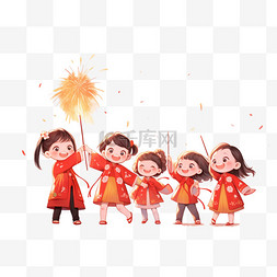 新年红色喜庆背景图片_新年燃放烟花卡通可爱孩子手绘元