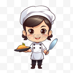 吃饭卡通女孩图片_身穿制服的可爱厨师女孩手持特纳