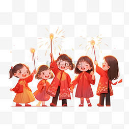 新年红色喜庆背景图片_可爱孩子新年手绘元素燃放烟花卡
