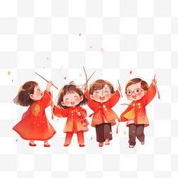 红色烟花喜庆背景图片_卡通可爱孩子新年燃放烟花手绘元
