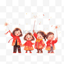新年红色喜庆背景图片_新年燃放烟花卡通手绘可爱孩子元