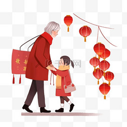 购物袋简笔画图片_新年手绘一家人赏灯卡通元素