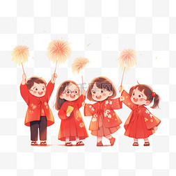 红色烟花喜庆背景图片_可爱孩子新年燃放烟花手绘卡通元