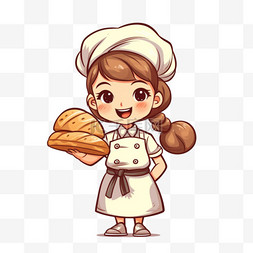 小童夏装图片_快乐可爱的女孩厨师制服拿着面包